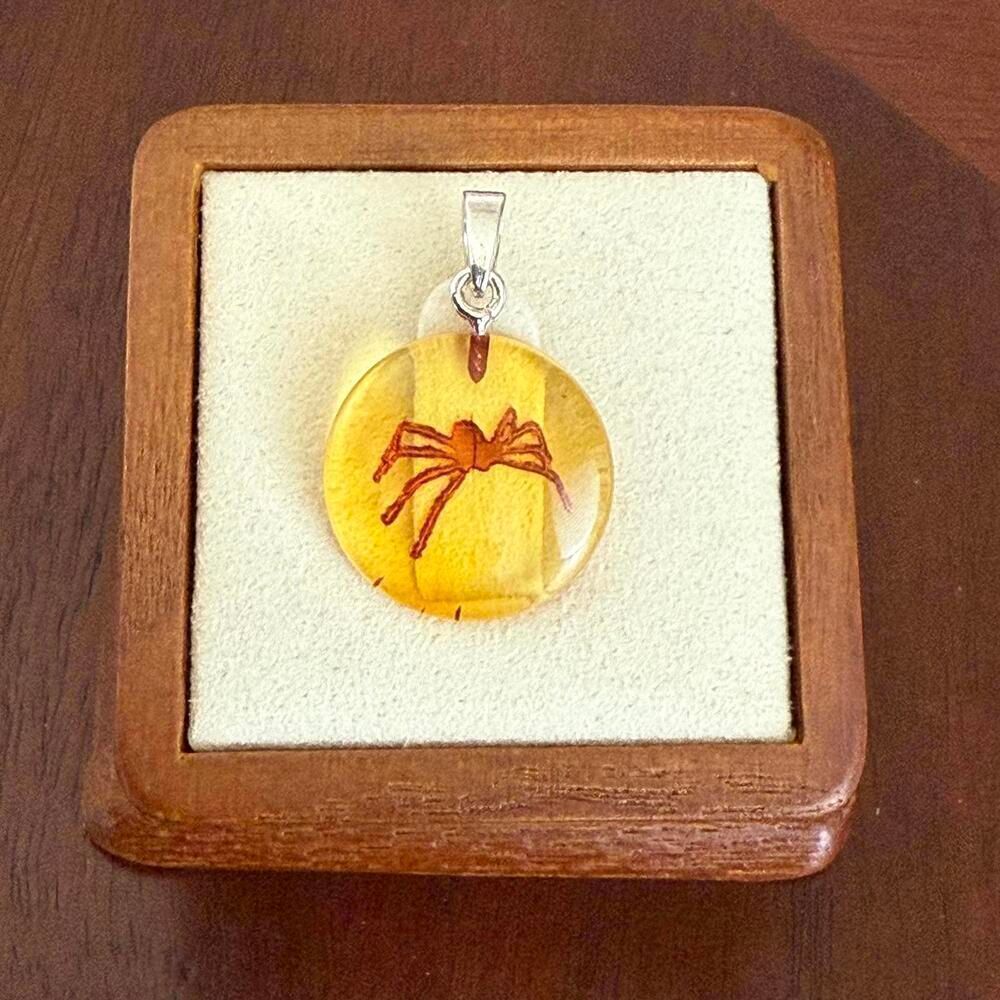 Natural Baltic Amber Spider Etched Pendant Necklace Sterling